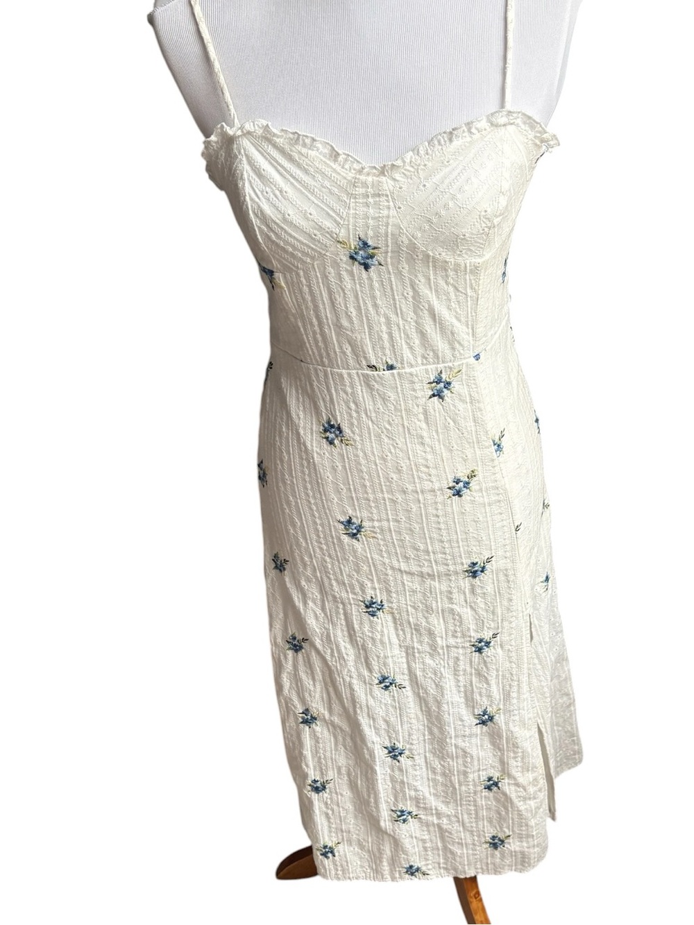 Kirious Los Angeles -  Cream Floral Slip Dress with Blue Embroidery